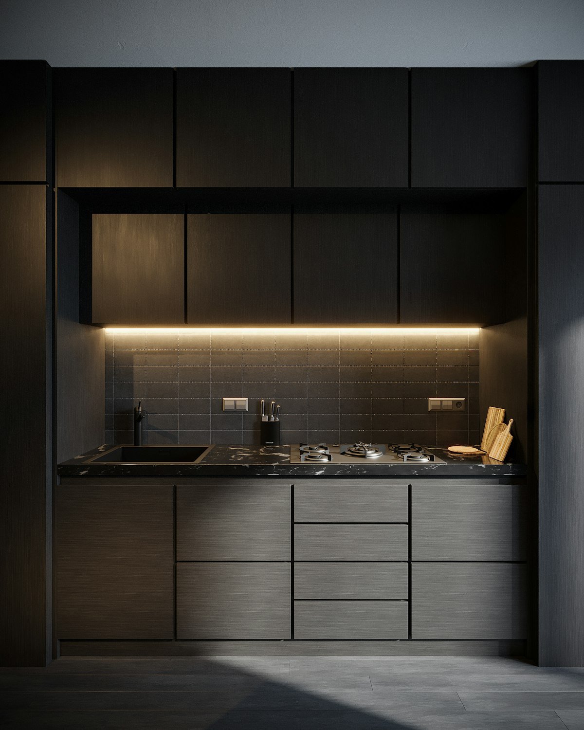 Clean apartment kitchen with sink and modern cabinets