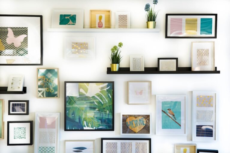 Colorful framed art gallery wall in an apartment living space