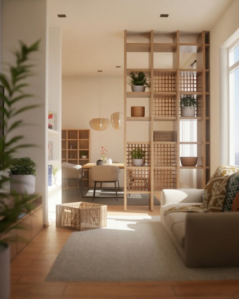 Modern small apartment living room with natural light and wooden accents