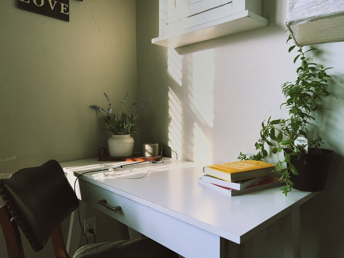 Minimal home office nook with a small desk, plant and book