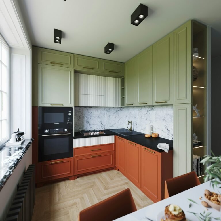 Small apartment kitchen with green cabinets and open shelving