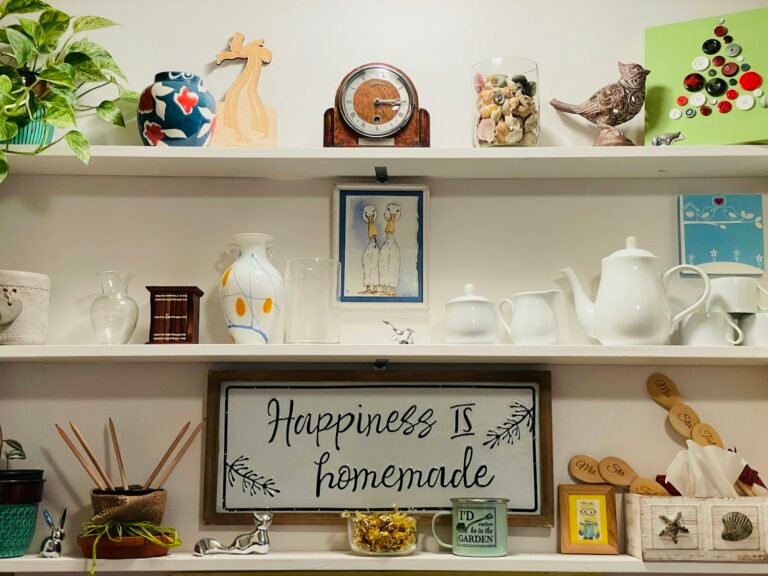 Thrift store shelves filled with vases lamps and secondhand home decor
