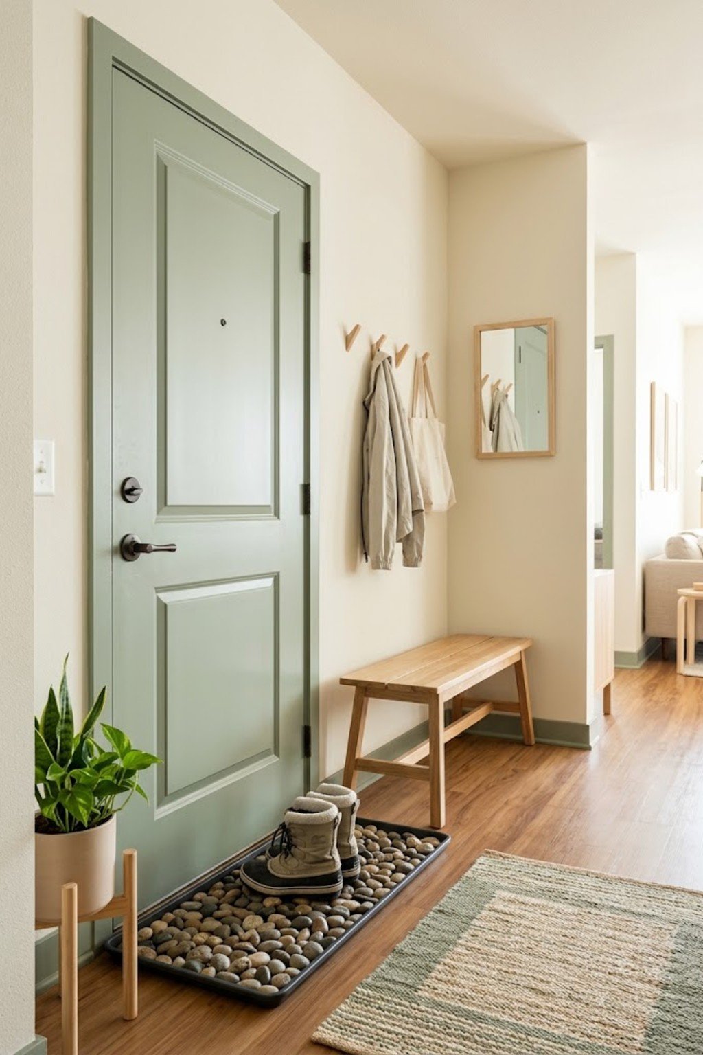 Use a boot tray with stones in a small apartment entryway