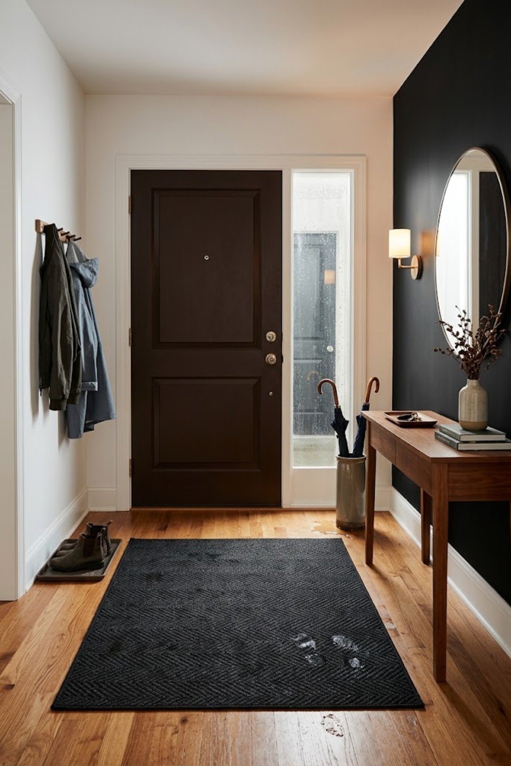 Lay a heavy-duty washable rug in a small apartment entryway