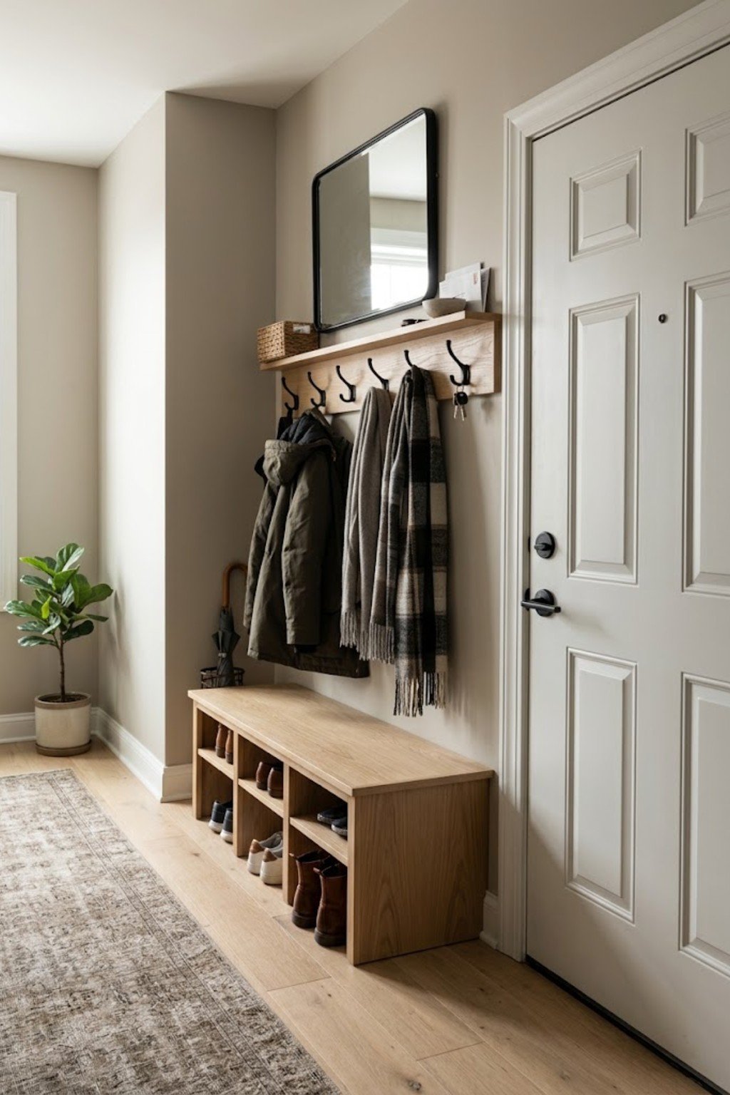Add a row of sturdy hooks in a small apartment entryway