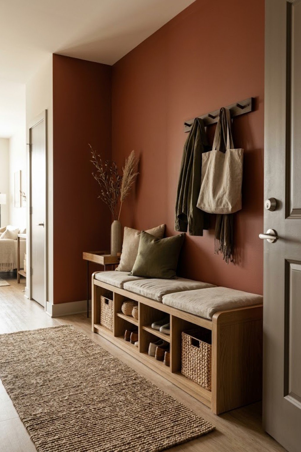 Use a mudroom-style bench in a small apartment entryway