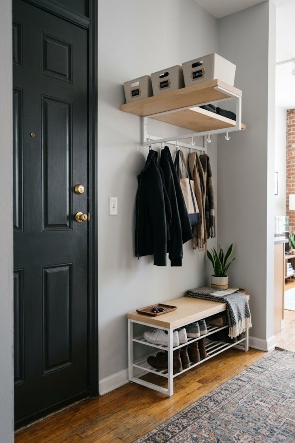 Use labeled bins for winter gear in a small apartment entryway