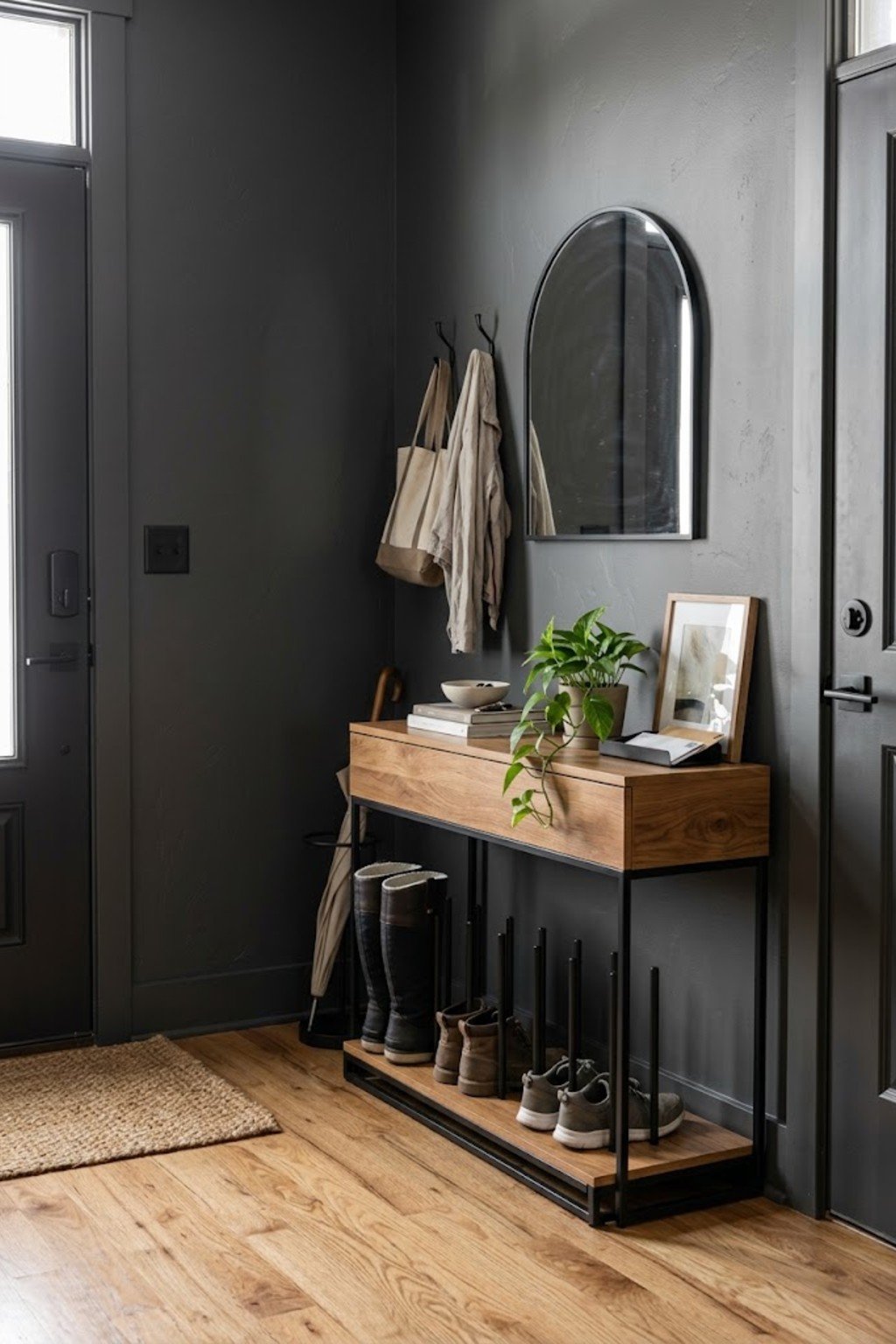 Use a boot rack for tall boots in a small apartment entryway