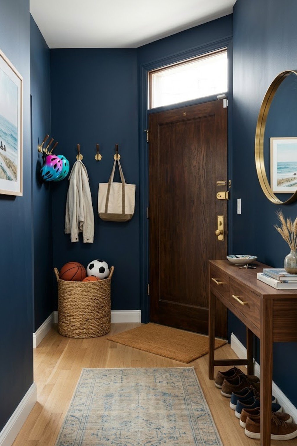 Store sports and outdoor gear in a small apartment entryway