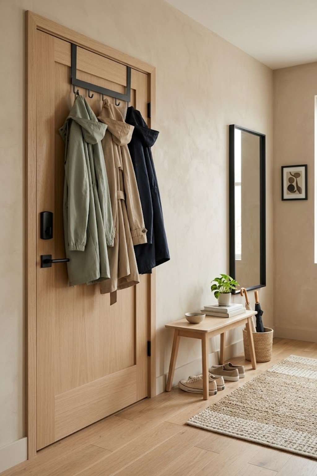 Use an over-door coat rack in a small apartment entryway