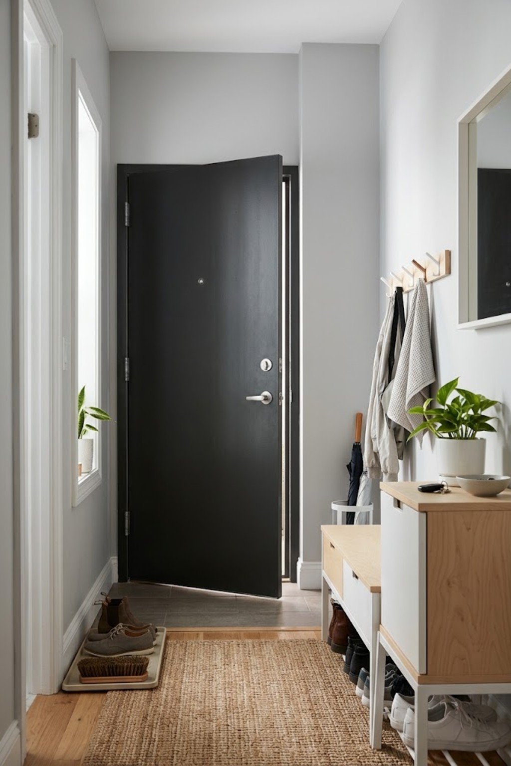 Keep a shoe brush and towel in a small apartment entryway