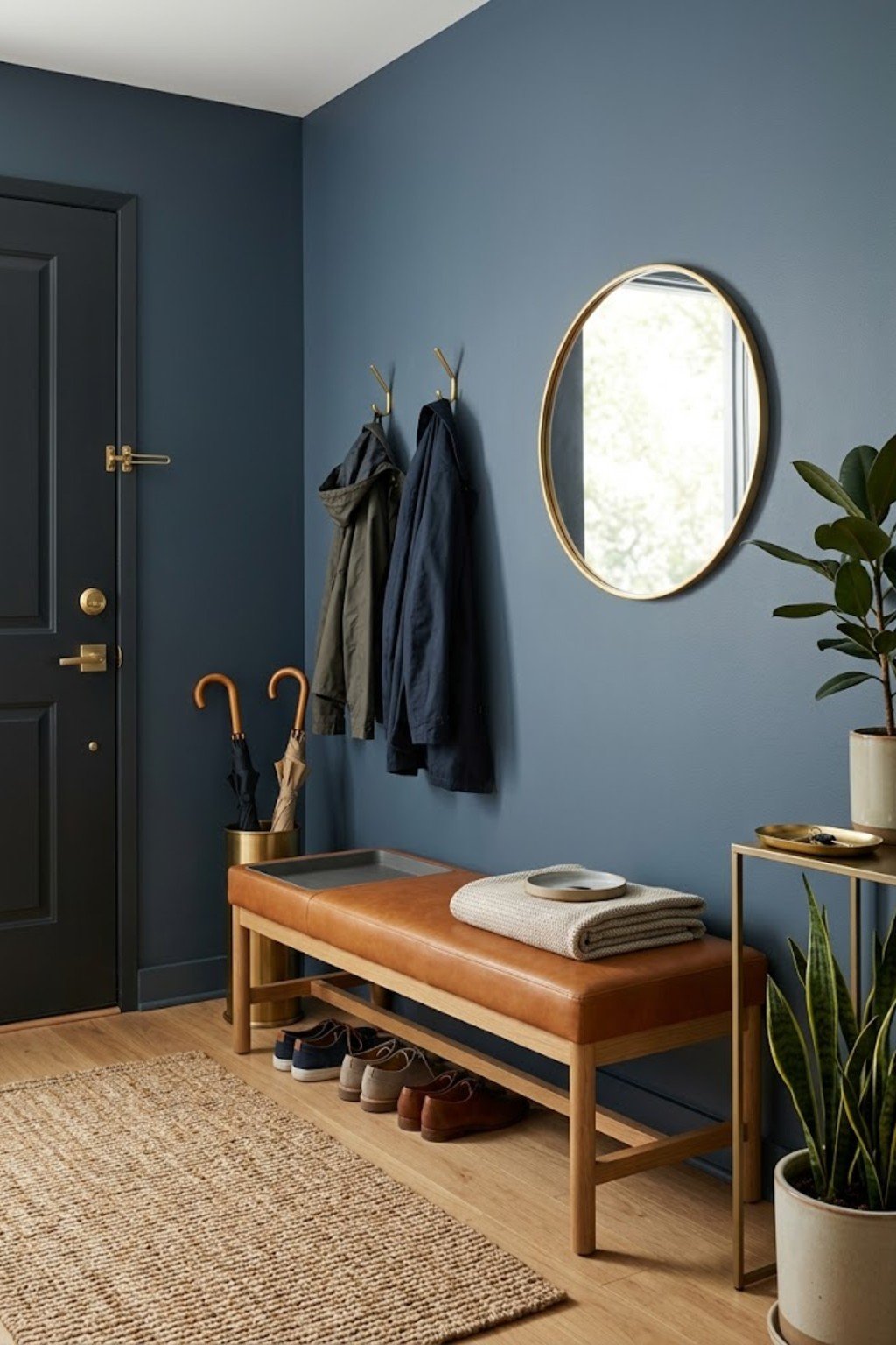 Use a waterproof storage bench in a small apartment entryway