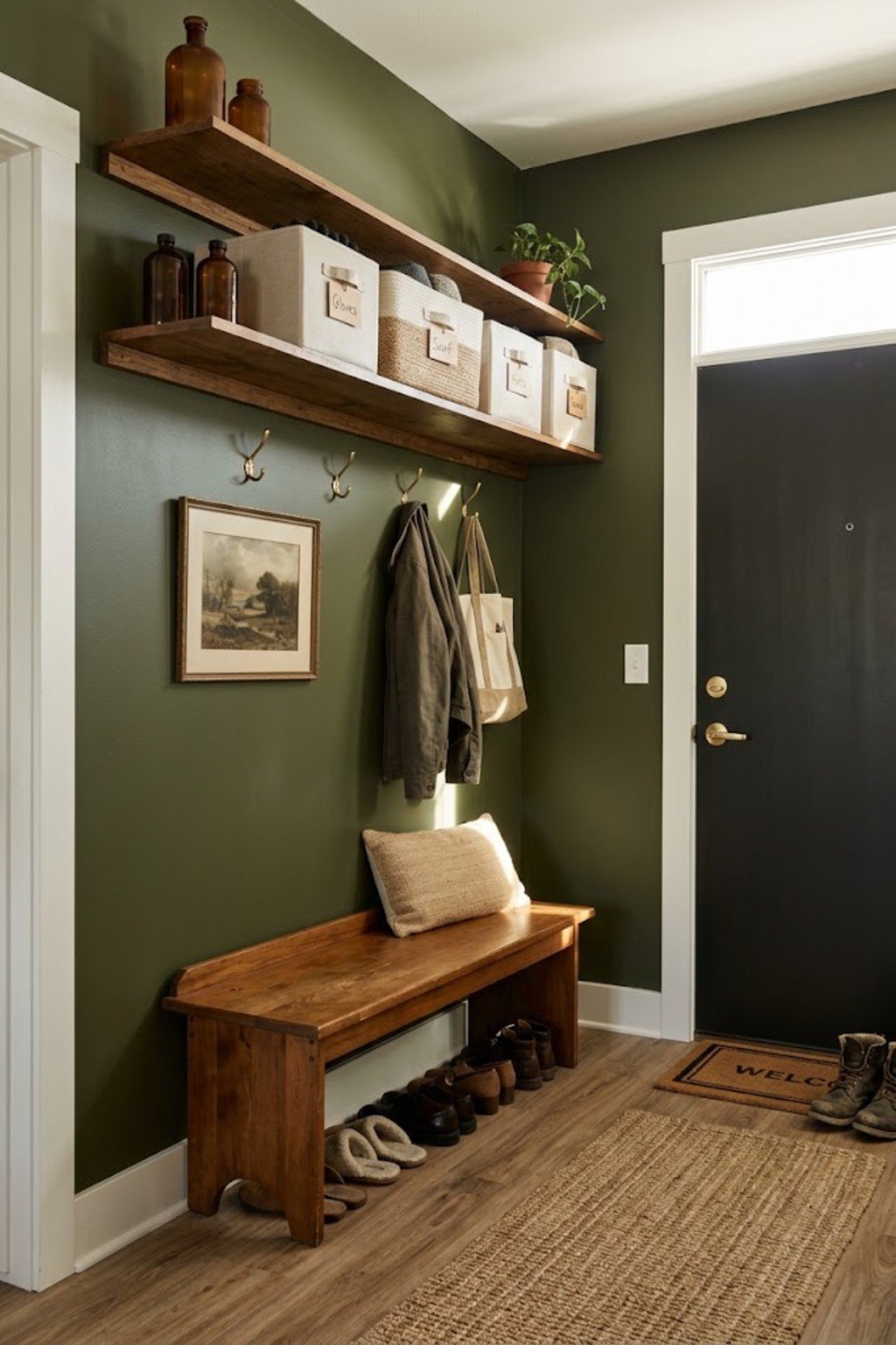 Create a seasonal swap zone in a small apartment entryway