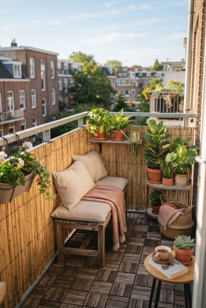 Bamboo privacy screen zip-tied along a balcony railing behind a cushioned wooden bench and potted plants