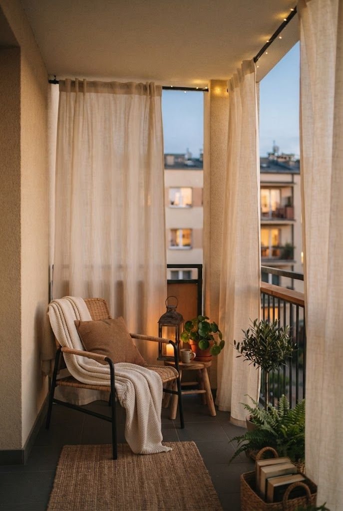 Cream outdoor curtains on a tension rod enclosing a small apartment balcony with a chair and lantern at dusk