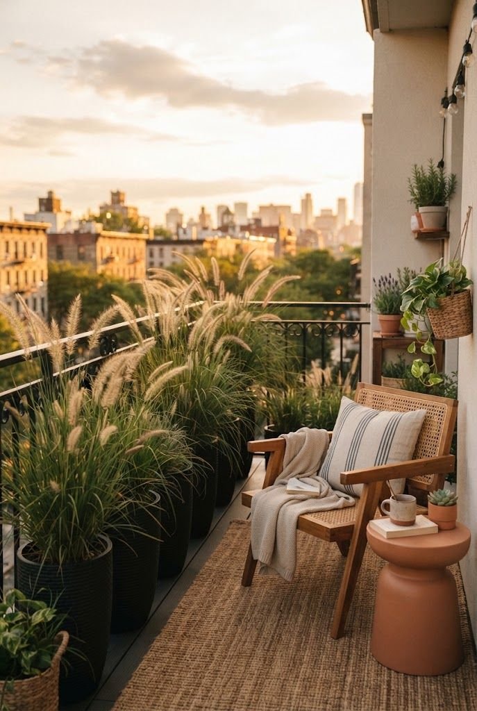Tall ornamental grasses in black planters lining a balcony railing for privacy beside a teak chair at golden hour