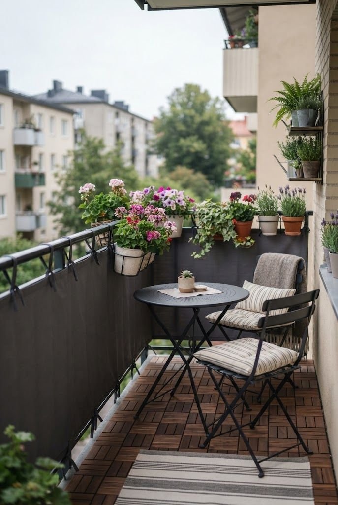 Charcoal fabric privacy shield tied to a balcony railing behind a black bistro set and flower pots