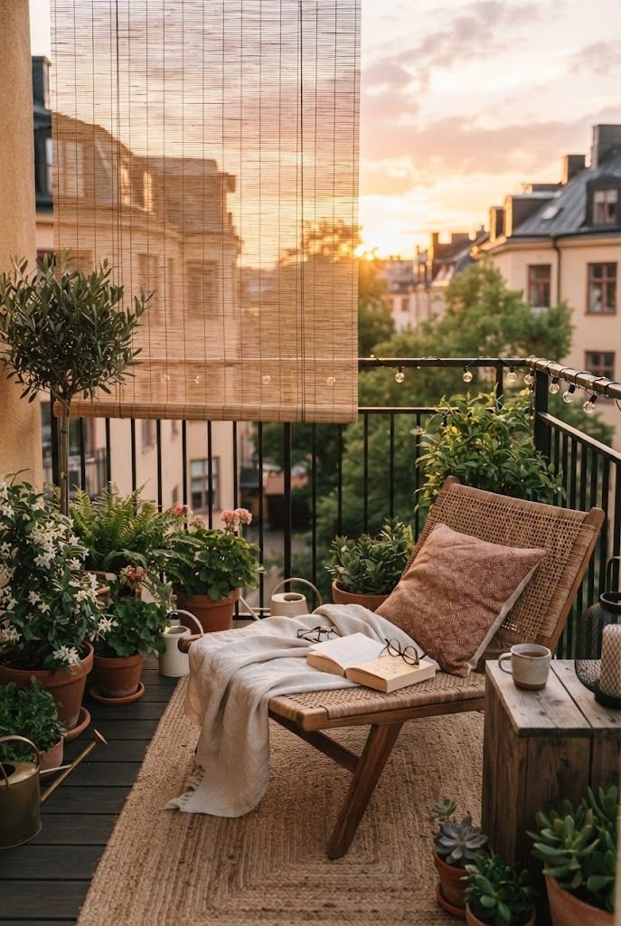 Woven bamboo roll-up shade half lowered on an apartment balcony with a wooden lounge chair at sunset