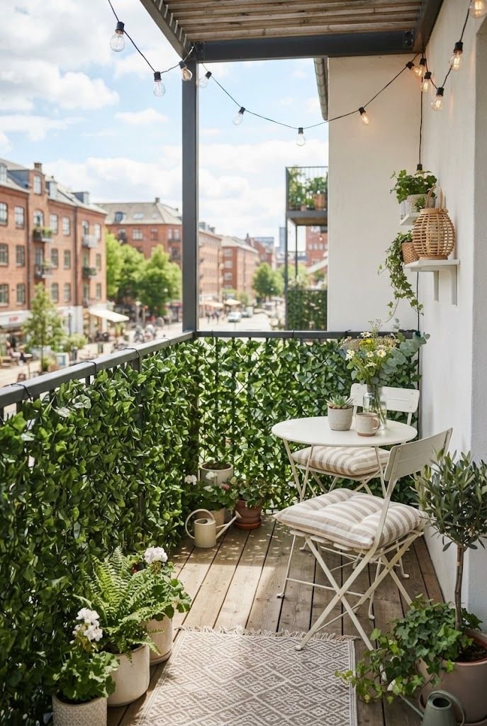 Faux ivy privacy panels zip-tied along a city balcony railing with a white bistro set and string lights
