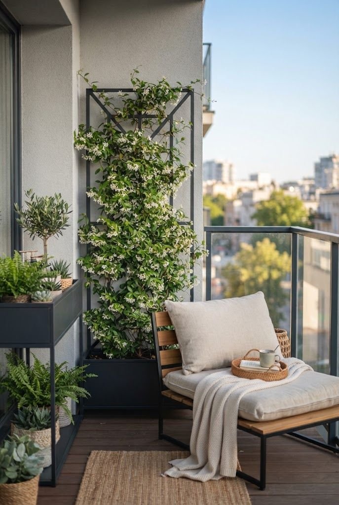 Freestanding planter box with a tall trellis of climbing jasmine giving privacy beside a cushioned balcony chair
