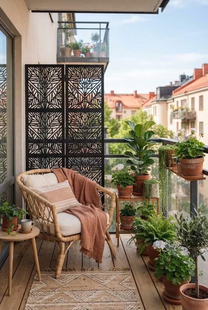 Black laser-cut folding screen blocking the side of a balcony beside a rattan chair and potted plants