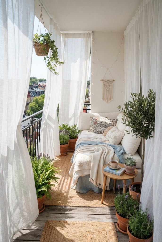 Sheer white panels surrounding a narrow apartment balcony with a white daybed, pillows and potted plants in summer light