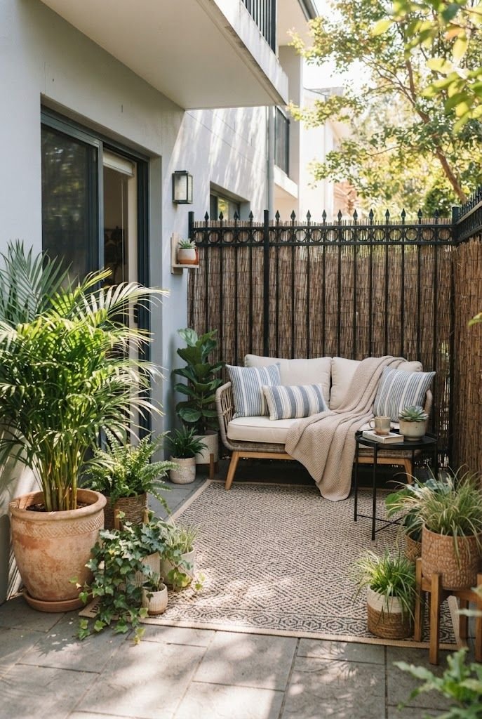Reed fence roll attached to a metal fence around a ground-floor apartment patio with a cushioned loveseat and palms