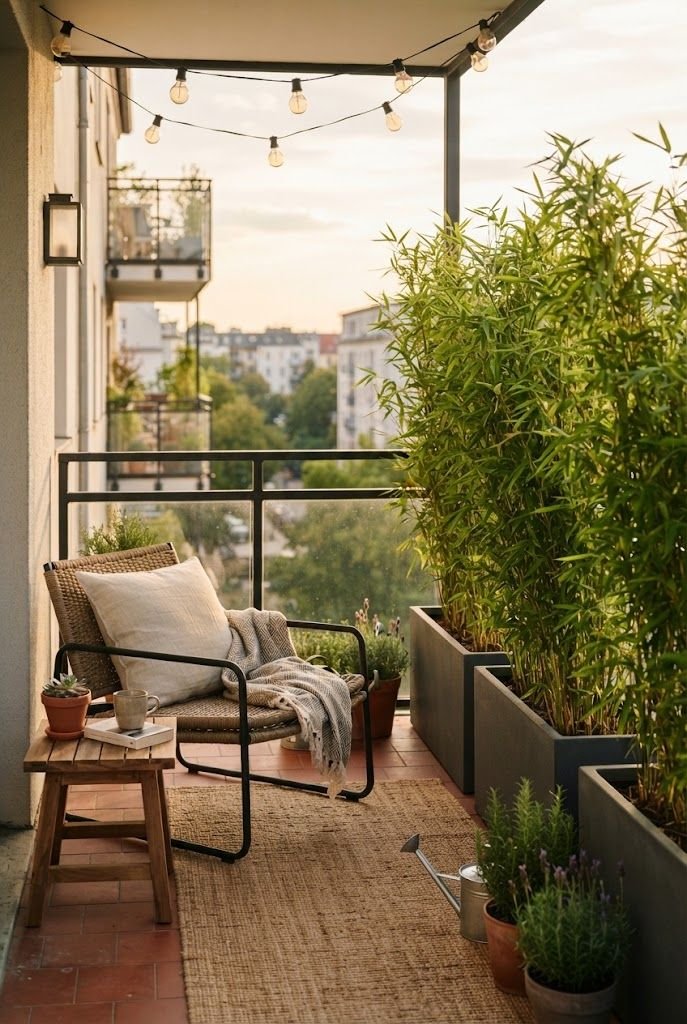 Tall clumping bamboo in gray rectangular planters forming a green privacy screen beside a balcony lounge chair