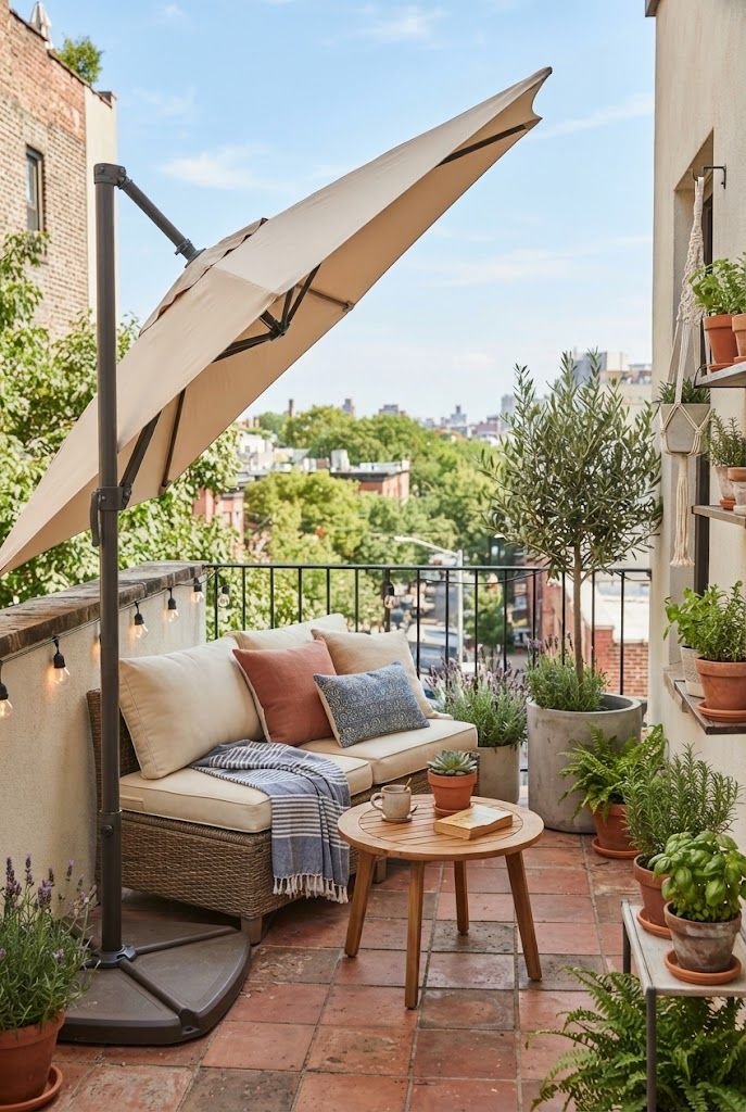 Cantilever umbrella tilted sideways for privacy over a wicker loveseat and round table on a sunny balcony