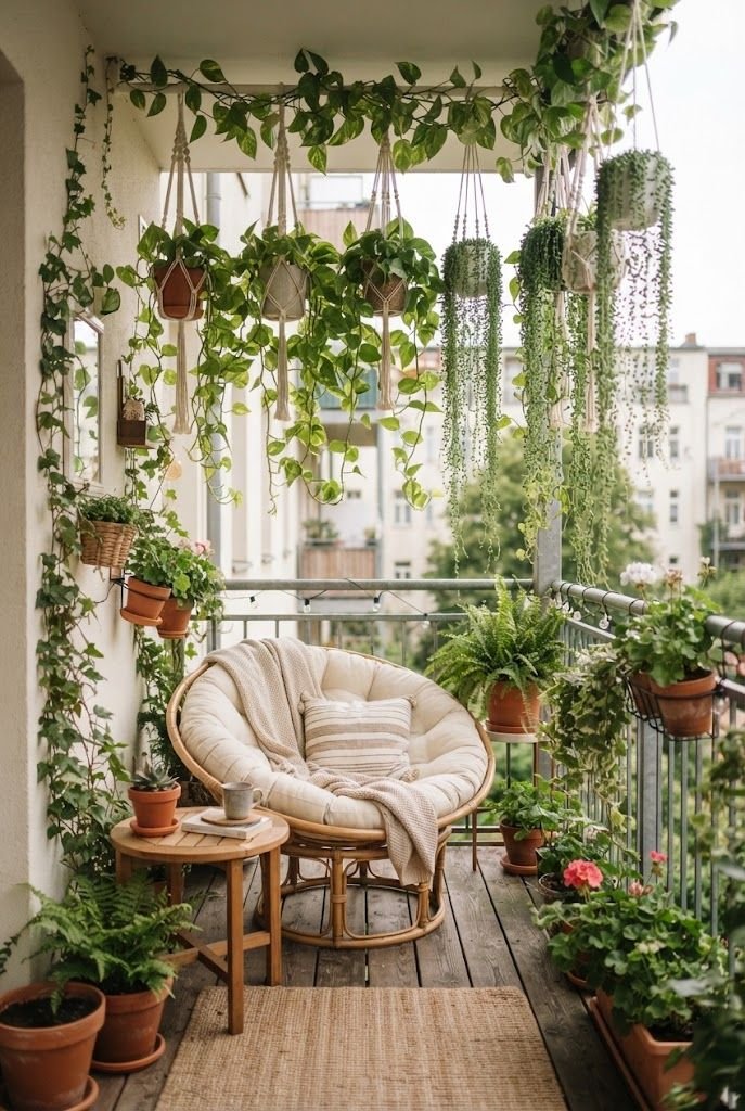 Hanging planters with trailing pothos and string of pearls forming a green curtain over a papasan chair on a balcony