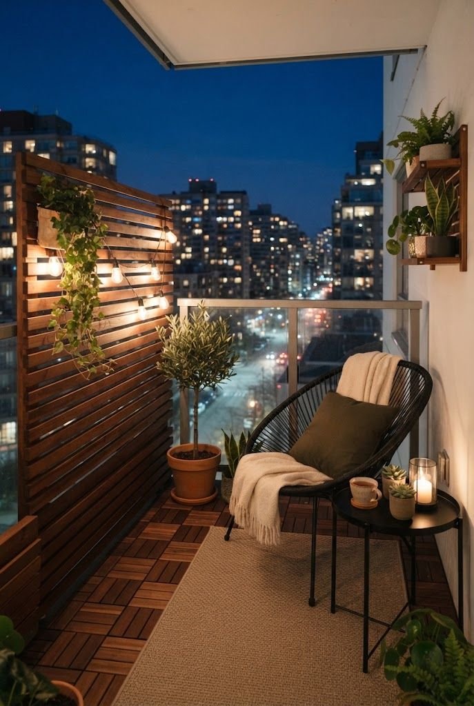 Freestanding wood slat privacy panels with string lights beside a black chair on a high-rise balcony at night