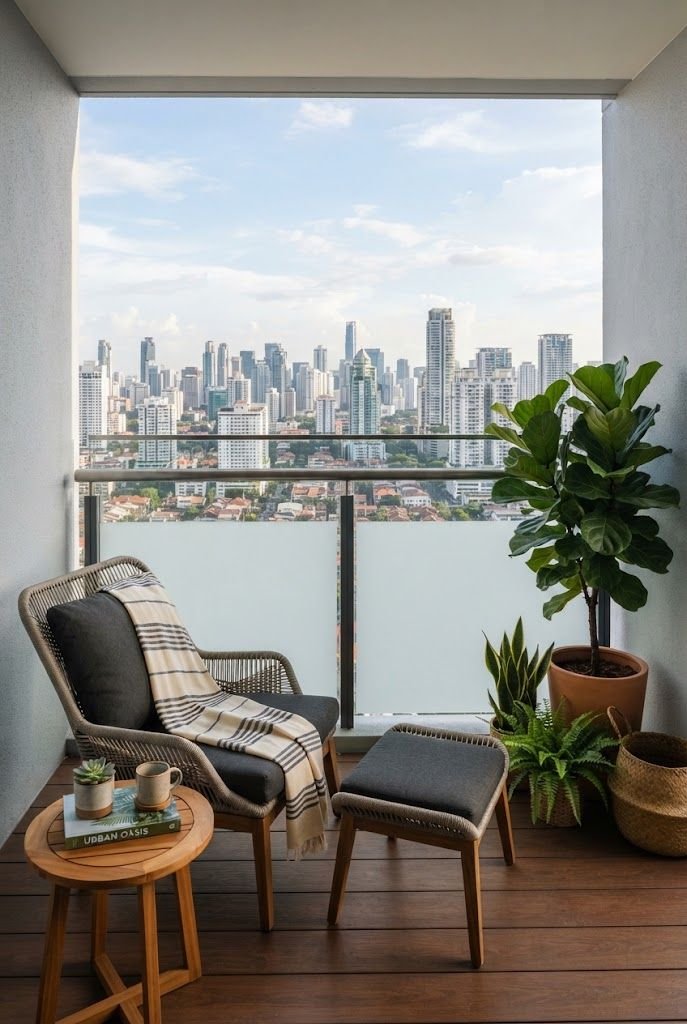 High-rise balcony with frosted film on the glass railing, a woven lounge chair with ottoman and a fiddle leaf fig