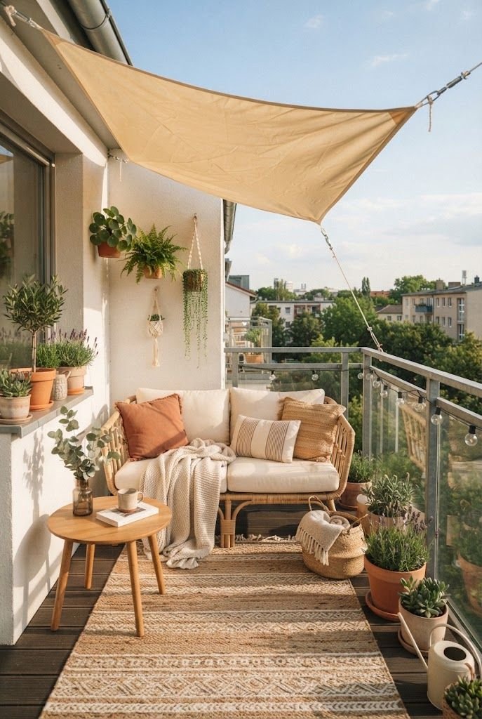 Cream triangle shade sail tied above a narrow balcony with a rattan sofa, outdoor rug and potted plants