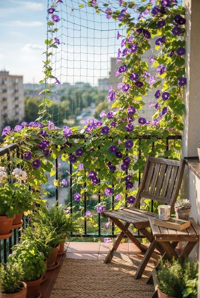 Garden netting covered in purple morning glory vines screening a sunny balcony with a wooden folding chair