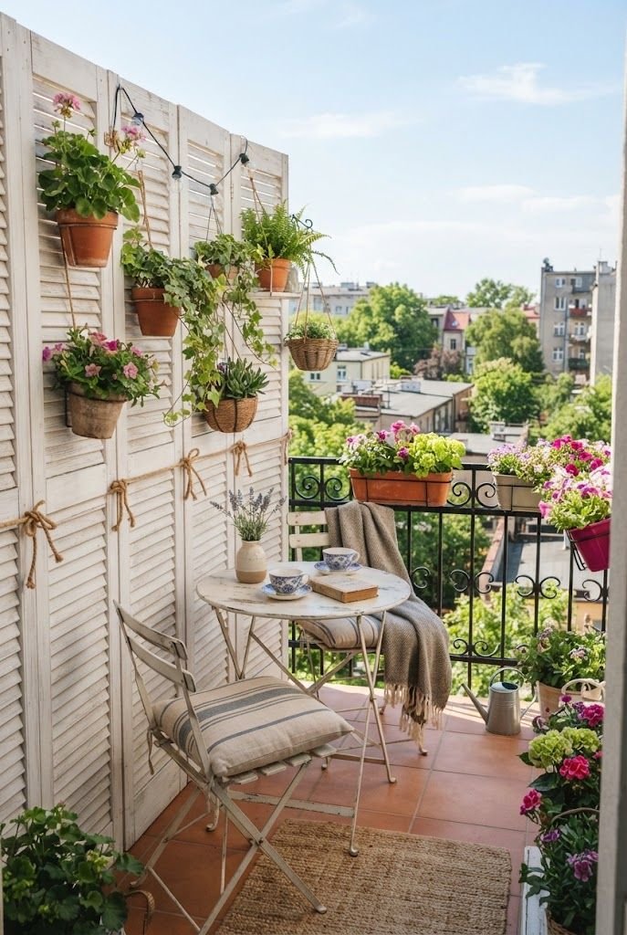 Tall white wooden shutters tied to a balcony railing as a privacy wall with hanging flower pots and a bistro set
