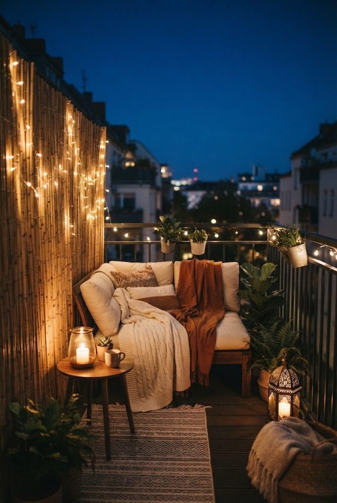 String lights glowing through a bamboo privacy screen beside a blanket-draped loveseat on a balcony at night