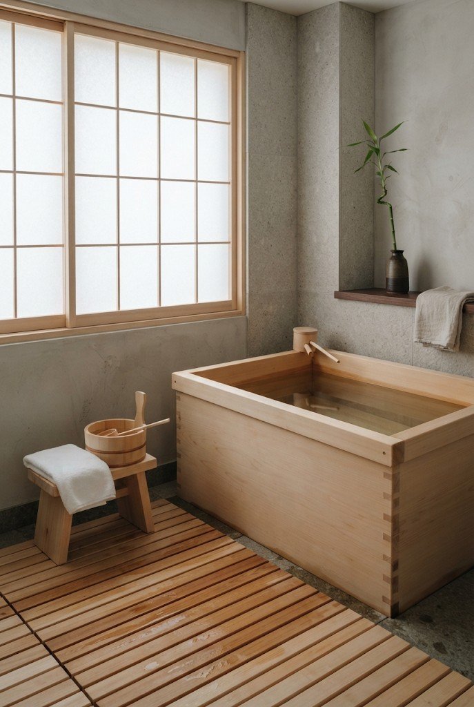 Japanese-style bathroom with a deep wooden soaking tub and slatted wood floor