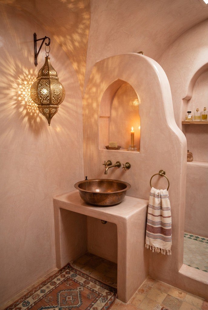 Moroccan-style bathroom with rose clay tadelakt walls, arched niche and brass lantern