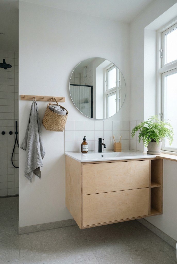 Scandinavian bathroom with white walls, birch wood vanity and wall peg rail
