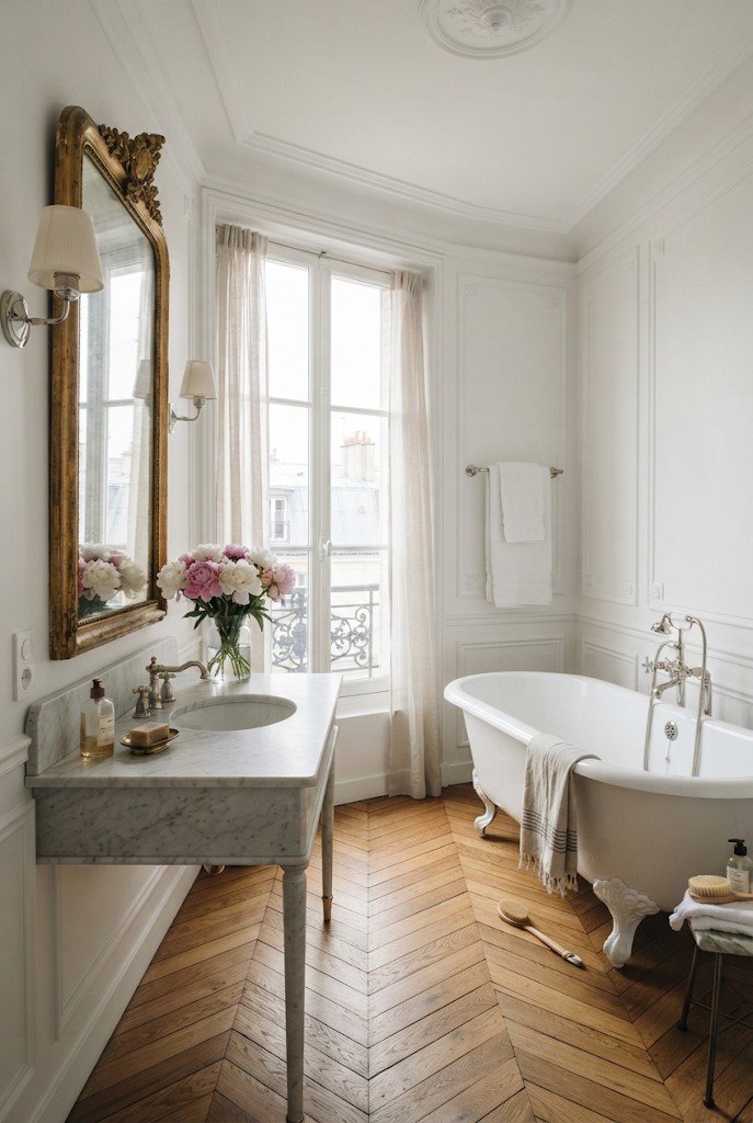 Parisian apartment bathroom with herringbone wood floor, marble and gilded mirror