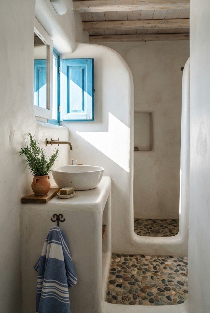 Greek island style bathroom with curved whitewashed walls and blue accents