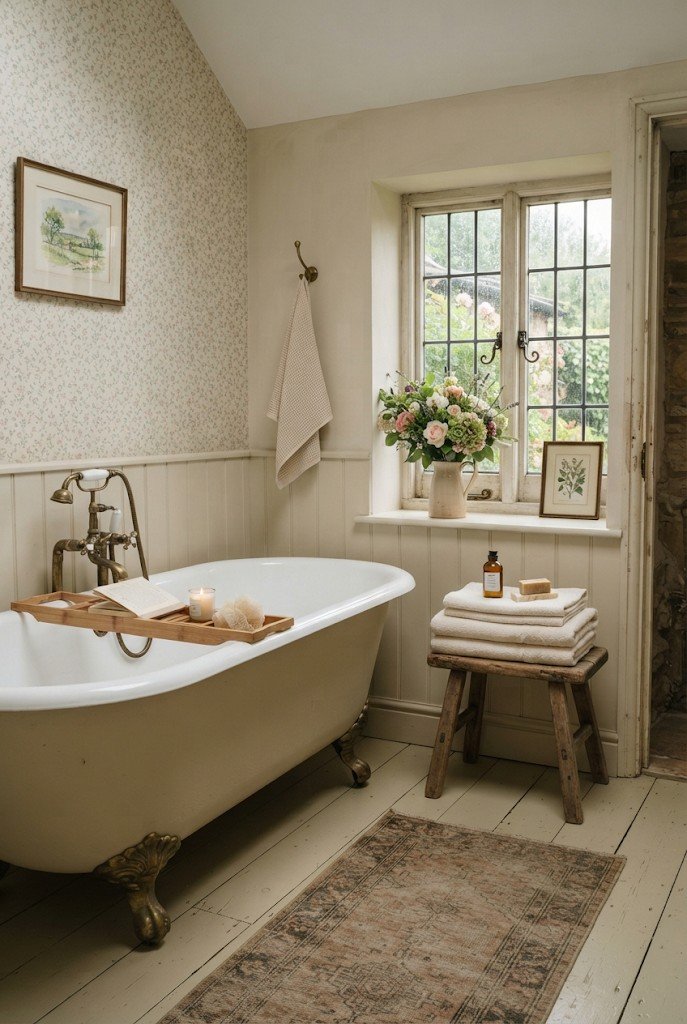 English cottage bathroom with floral wallpaper, beadboard and roll-top tub