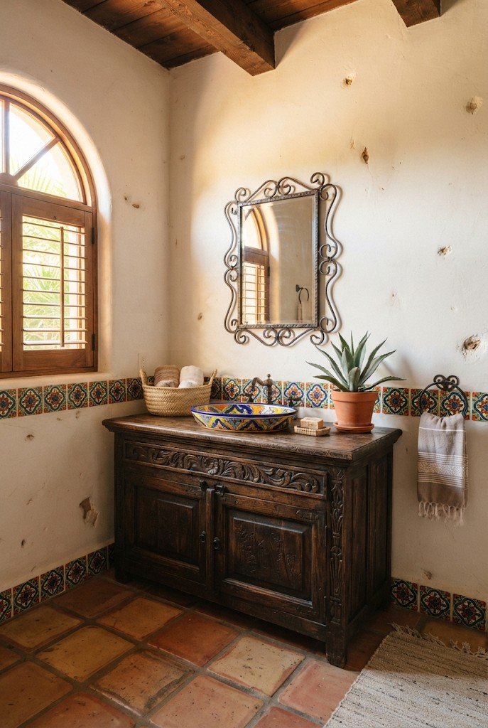 Mexican hacienda bathroom with hand-painted Talavera sink and saltillo floor
