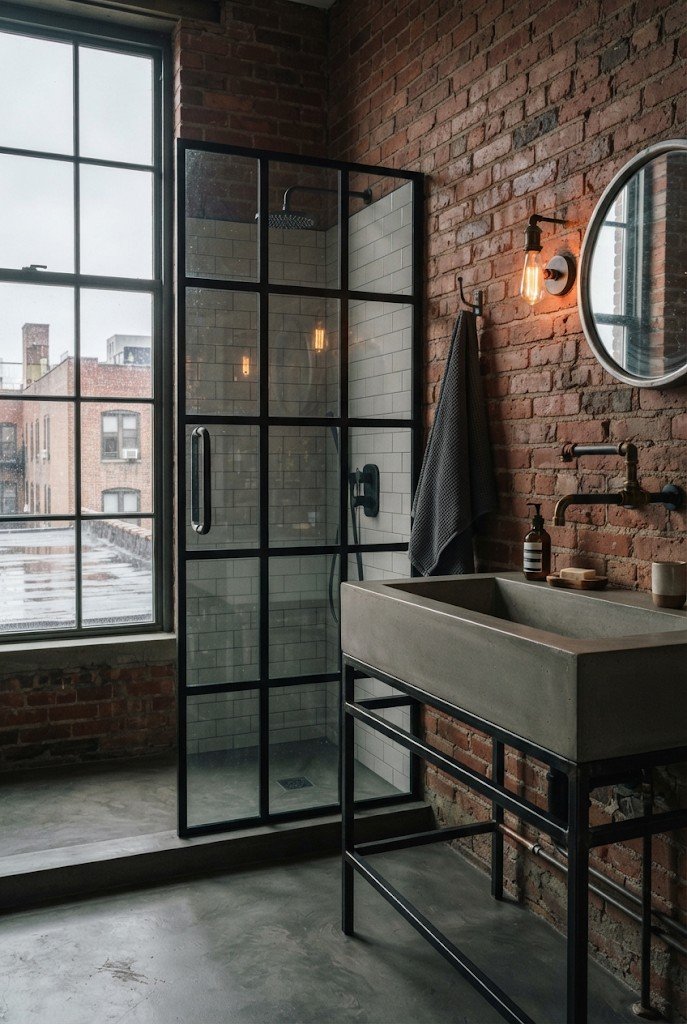 Industrial loft bathroom with exposed brick wall, black steel shower screen and concrete sink