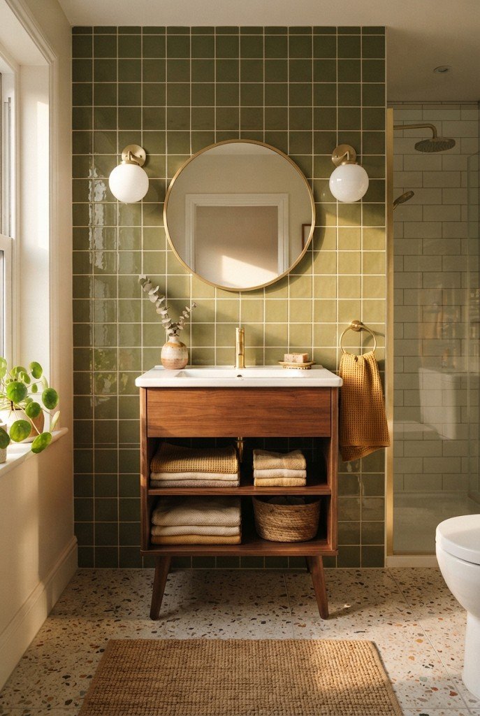 Mid-century modern bathroom with walnut vanity, globe sconces and olive green tile