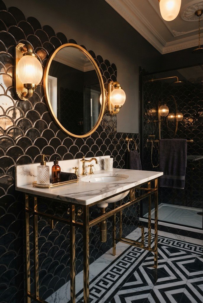 Art Deco bathroom with black and gold geometric tile and round gold mirror