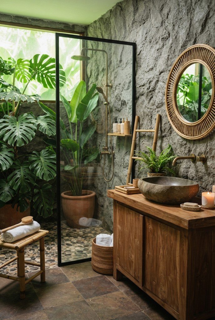 Bali spa style bathroom with natural stone, teak vanity and tropical plants
