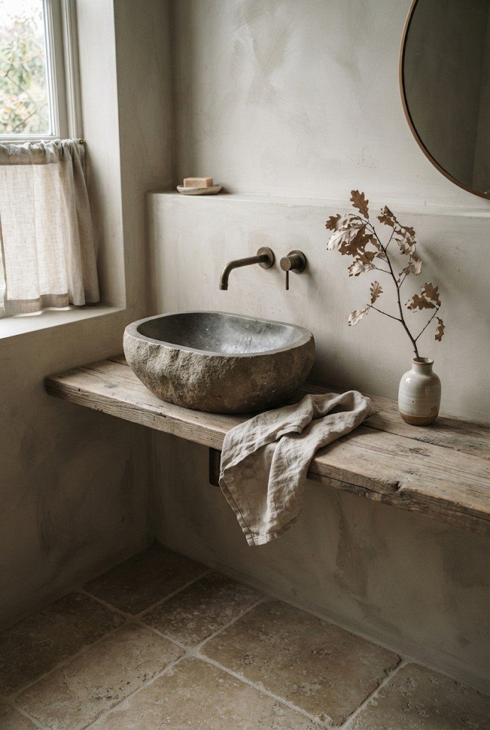 Wabi-sabi bathroom with limewash walls, carved stone basin and linen towel