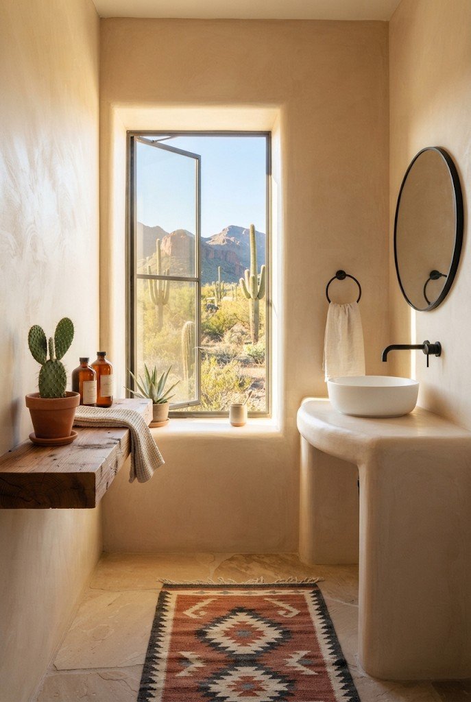 Desert modern bathroom with sand plaster walls, cedar shelf and cactus