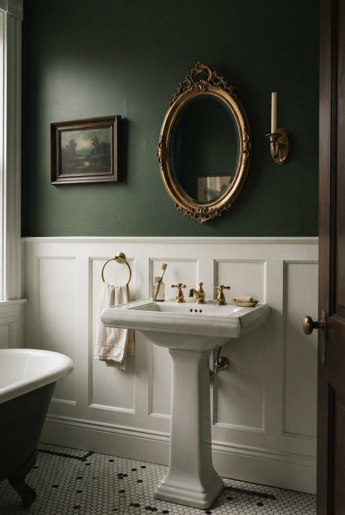 Victorian bathroom with deep green walls, wainscot, gilt mirror and pedestal sink